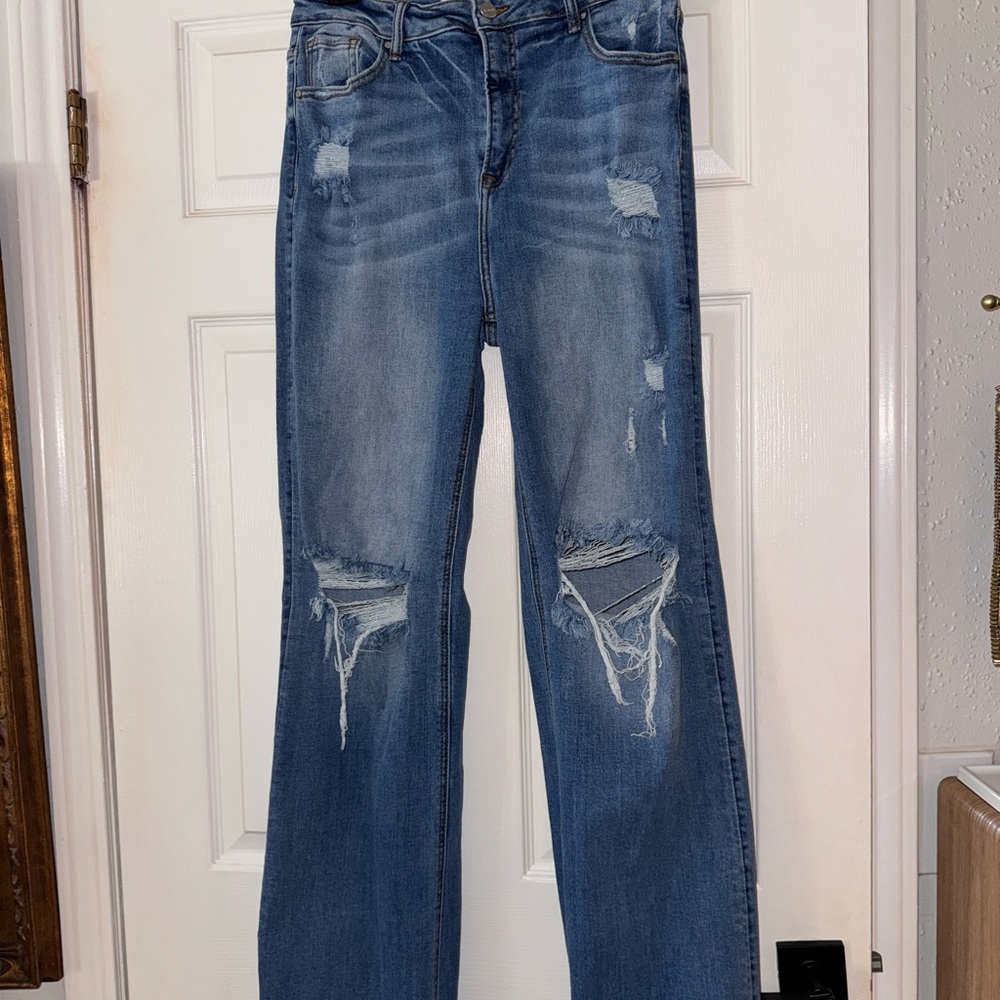 Blue Flare Cropped Wide Leg Jeans with Distressed Details